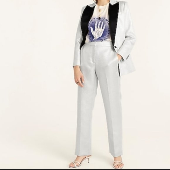J Crew Full Length Straight-leg Pant in Metallic Silver Lame - Picture 1 of 6
